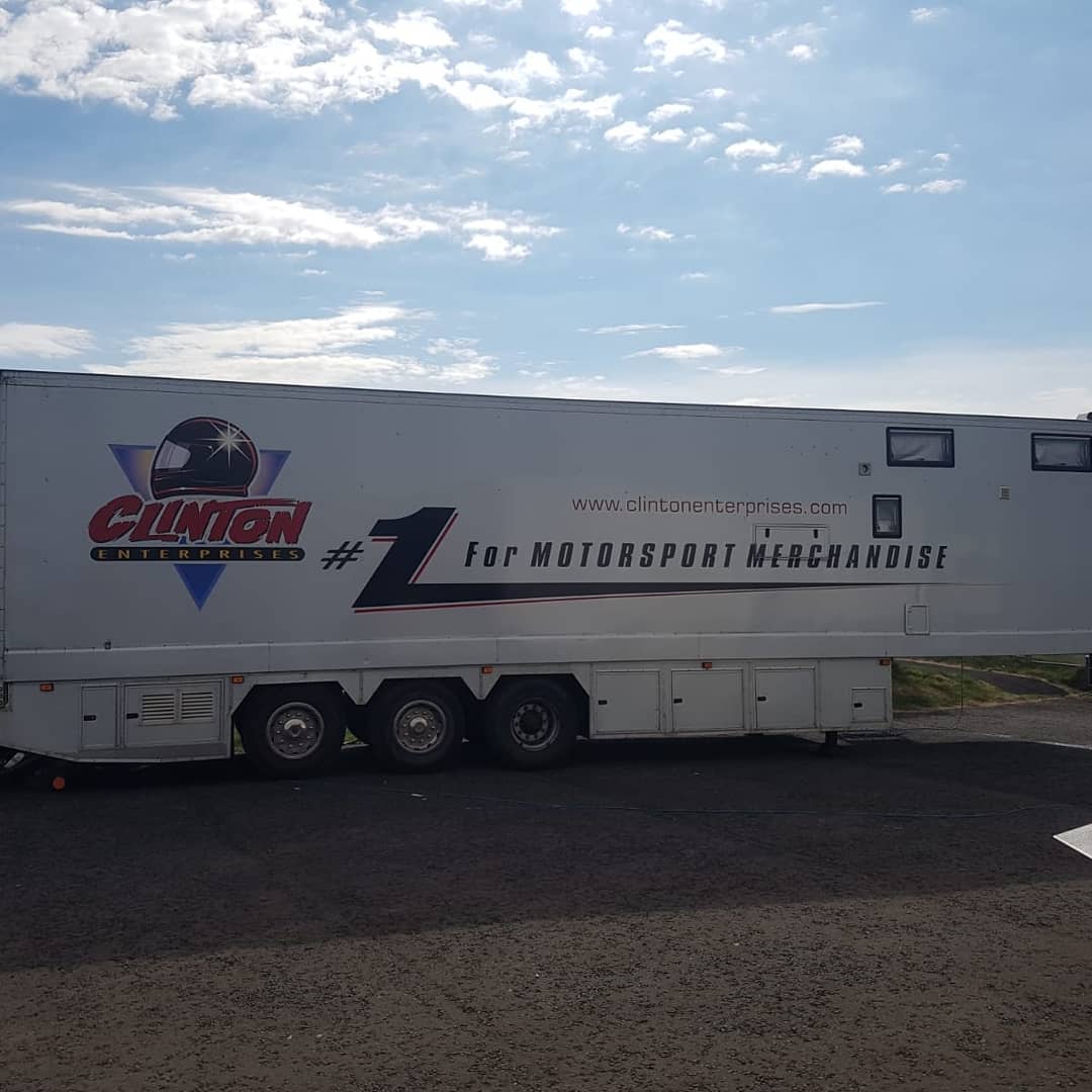 ClintonMerch's tweet image. Our trucks have travelled 100s of miles and were here at the #NorthWest200 stocked and ready! Have you got your kit yet? | #NW200 #OfficialMerchandise #LetsGo!