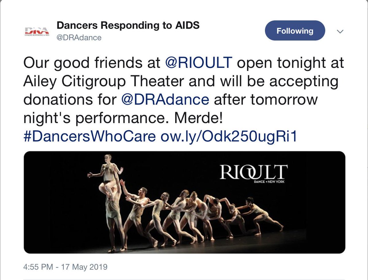 We will be accepting donations for <a href="/DRAdance/">Dancers Responding to AIDS</a> at the end of tonight's performance. We are thrilled to be supporting such a great cause doing what we love..Dance!

LAST SHOW TONIGHT! Almost sold out!
May 18 at 7:30pm 
Ailey Citigroup Theater
TKTS: bit.ly/2TiicEV

#rioult