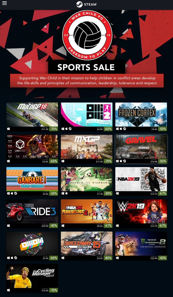 WarChild_Gaming's tweet image. The #WarChildFC Sports Sale is still on with games from @2K, @MilestoneItaly, @Roll_7, @505_Games,@_rese, @TechlandGames, @FocusHome, @mode7games &amp;amp; @danthat who are all donating a % revenue to @WarChildUK!

⚽🏀🏎️🏍️🚲🏁

Check out the deals here 👉
store.steampowered.com/sale/warchildu…