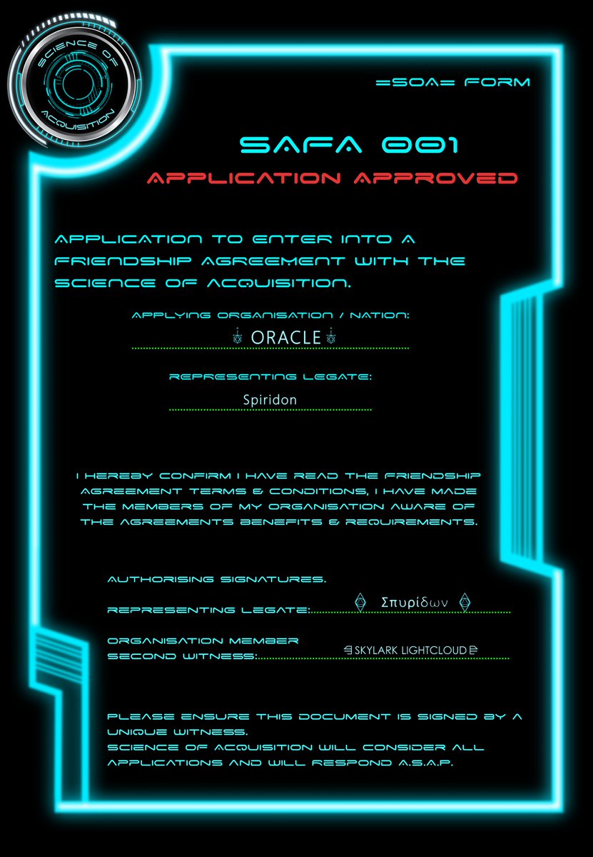 SAFA001 - Science of Acquisition friendships agreement signed and approved, Thank you ORACLE. view our <a href="/dualuniverse/">myDU - Dual Universe without subscription</a> page here community.dualthegame.com/organization/s…
They Join the likes of New Genesis - @AFED_Faction - Tranquility becoming the 4th Approved Applicant! <a href="/ArkCentralDU/">Ark Central</a>