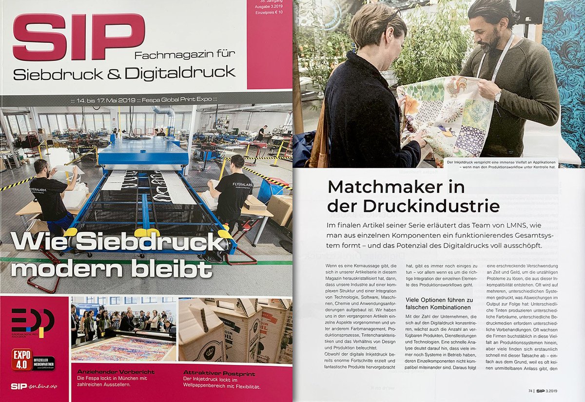 rolandbiemans's tweet photo. @LMNS_Experts in SIP Magazin on complexity in #inkjet production - A series about #design and #print. The @FESPA edition includes a 6-page article about #technology, #application and #integration of #software, #colormanagement, #ink & #printsystem. More: https://t.co/VNQtBwcctE https://t.co/CtIxFmUuy8