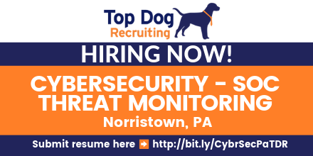 topdogrecruit's tweet photo. #Hiring CYBERSECURITY, SOC THREAT MONITORING - PA #jobs #jobsearch #jobseeker #jobshiring #CyberSecurity #CISSP #GCIA #GCIH #GISF #GCED #GMON #SIEM #HPArcSight #SplunkES #IBMQRadar #ICS #SCADA #PCN #Norristown #PA
Apply here https://t.co/3zuAHgJIqy https://t.co/ClItz2DKWl