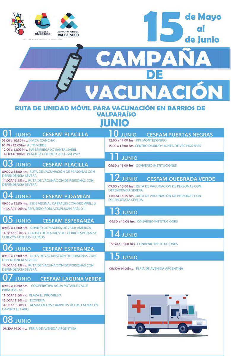 Lanzamos por tercer año consecutivo el Vacunatorio Móvil en los barrios de Valparaíso 🚑

La campaña busca acercar las vacunas anti-influenza a los porteños y porteñas. Recorrerá todo Valparaíso al menos hasta el 15 de junio. Acá está el calendario! 📆 Ayúdanos a compartirlo!