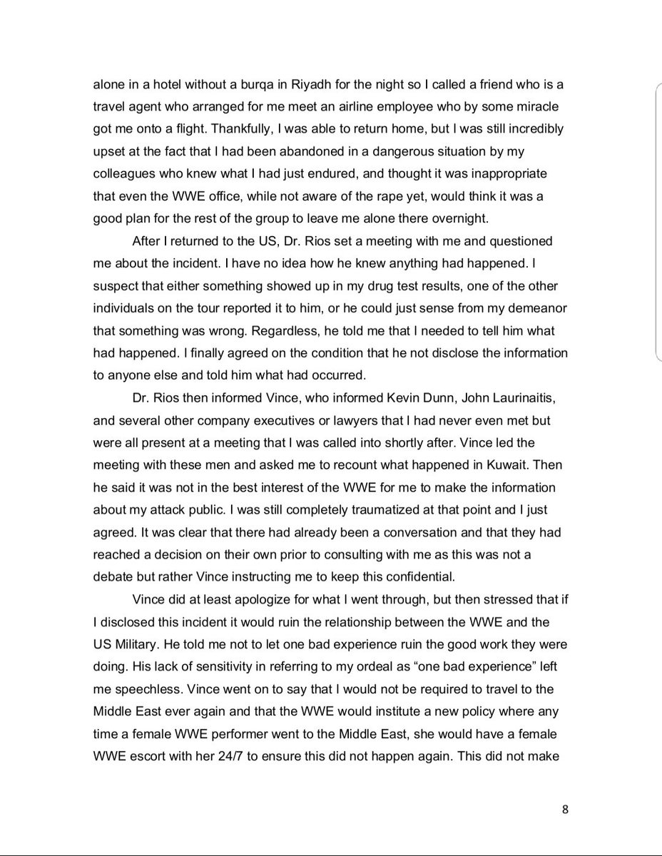 Ashley Massaro recently died. Her affadavit when she sued WWE includes her being encouraged by Vince McMahon not to report that she was drugged and raped by US military staff while on tour in Kuwait. Content warning - this is sickening reading. (1/2)