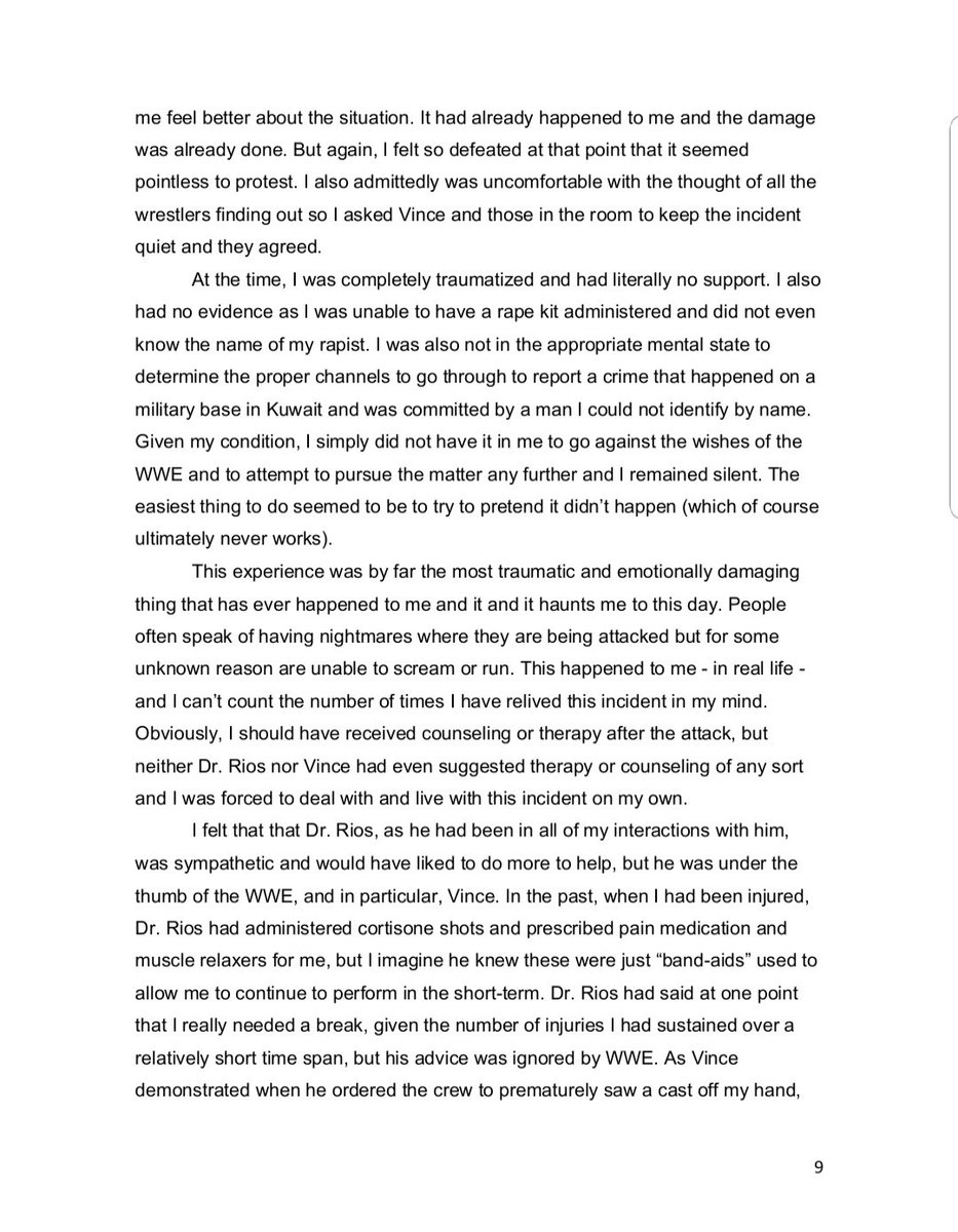 Some further details around WWE head Vince McMahon and her being discouraged from pursuing anything. Also worth taking note of how the culture made her fear for her job. Full affadavit here:  https://wweconcussionlawsuitnews.com/wp-content/uploads/2019/05/Ashley-Massaro-Affidavit-Clean-11.1.pdf