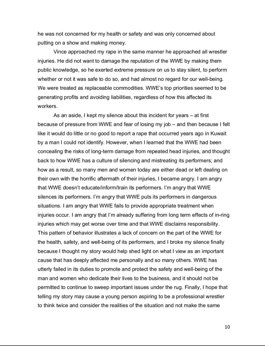 Some further details around WWE head Vince McMahon and her being discouraged from pursuing anything. Also worth taking note of how the culture made her fear for her job. Full affadavit here:  https://wweconcussionlawsuitnews.com/wp-content/uploads/2019/05/Ashley-Massaro-Affidavit-Clean-11.1.pdf