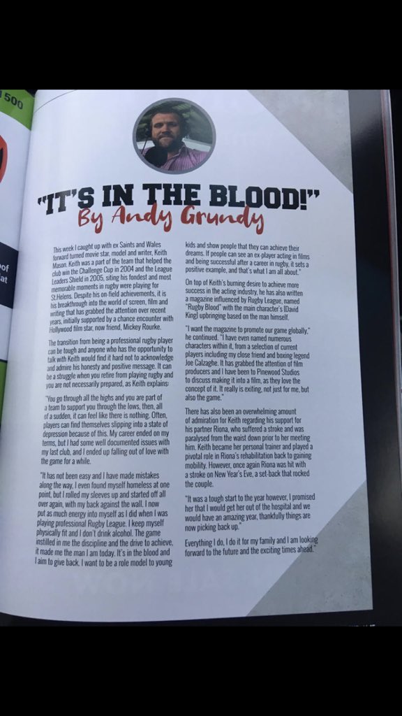Realkeithmason's tweet photo. “ITS IN THE BLOOD.” Thanks @AndyGrundy10 for sharing my story in this weeks St.helens vs Salford  match day program😇 @Saints1890 
#rugbyblood
#itsintheblood
#saintsuntilidie 
#lifeafterfooty https://t.co/TLpFudjN8j