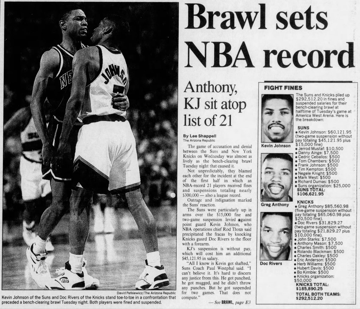 ‘94 Bulls-Knicks history changer #1: The BrawlThree recent fights had the NBA on edge. In 1993, the Knicks and Suns produced a league-record in fight fines: 21 players for more than $292,000. Greg Anthony’s five-game suspension tied for the longest since Kermit Washington.