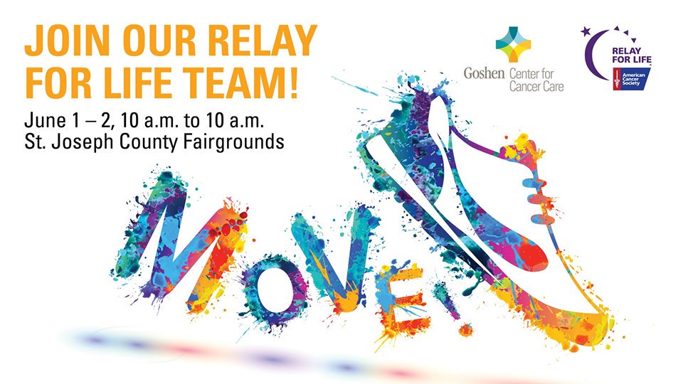 We invite you to join the Goshen Center for Cancer Care’s Relay for Life team! Join us on June 1 - 2 at the St. Joseph County Fairgounds. for a great cause. 

Find event details here: facebook.com/events/1488482…