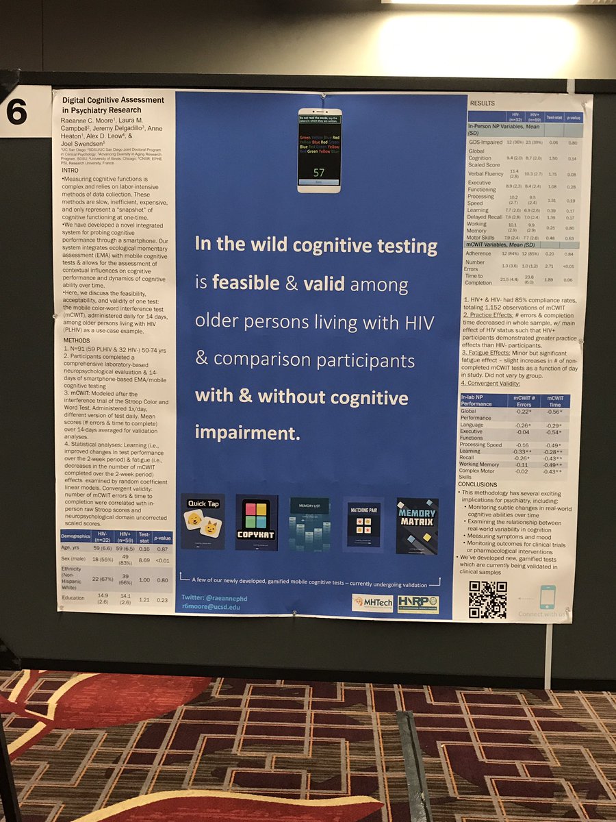 raeannephd's tweet image. Our poster “Digital Cognitive Assessment in Psychiatry Research” is up - come on down for an early preview! Poster 6 - front row! @SOBP @alexfeuillet @LauraMCmpbll @UCSDMHTech #mhealth #digitalhealth #neuropsychology