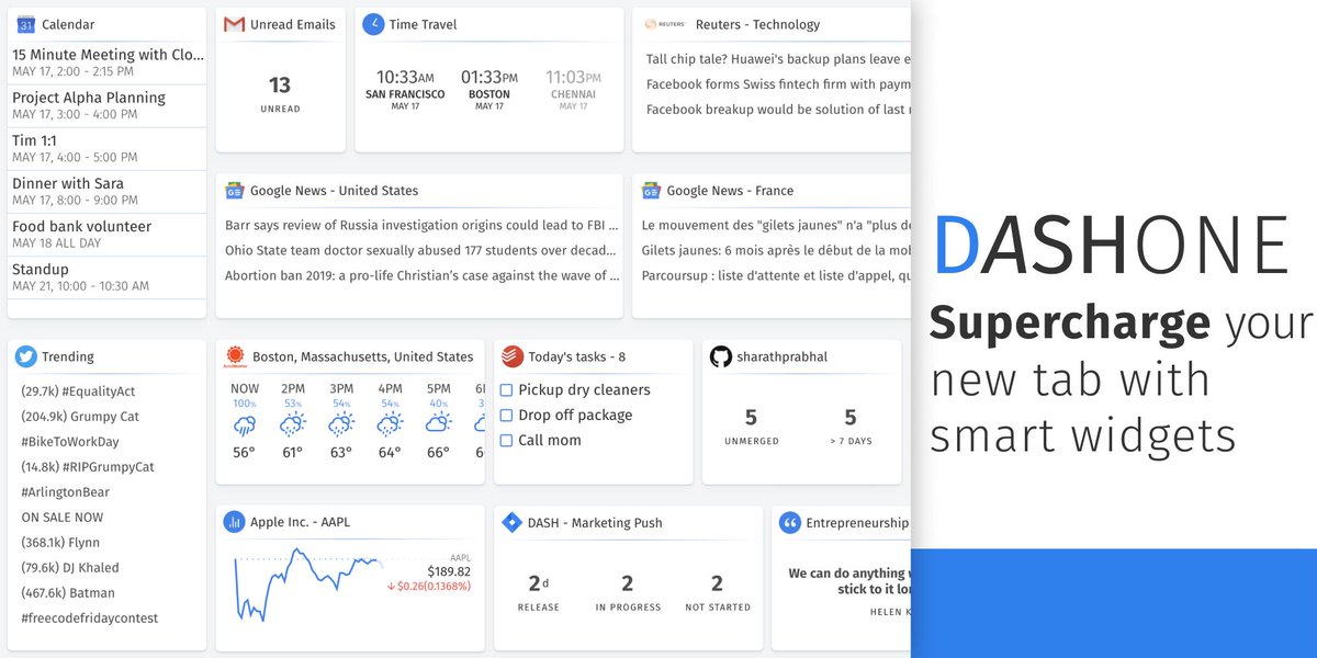 DashOneApp's tweet image. Supercharge your @googlechrome new tab with smart widgets! News, weather, Email, Calendar, Todos, Timezones, Facebook, Instagram, LinkedIn, Github, Jira and more! dashone.app