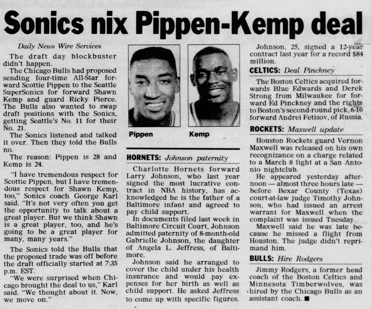 ‘94 Bulls-Knicks history changer #2: The 1.8 SecondsTwo things here. One, after '94, the Bulls came thiiiiiis close to trading Pippen in a deal that would net Shawn Kemp.The Sonics balked because of pro-Kemp fan backlash, though Pip's reputation outside Chicago was rough too.