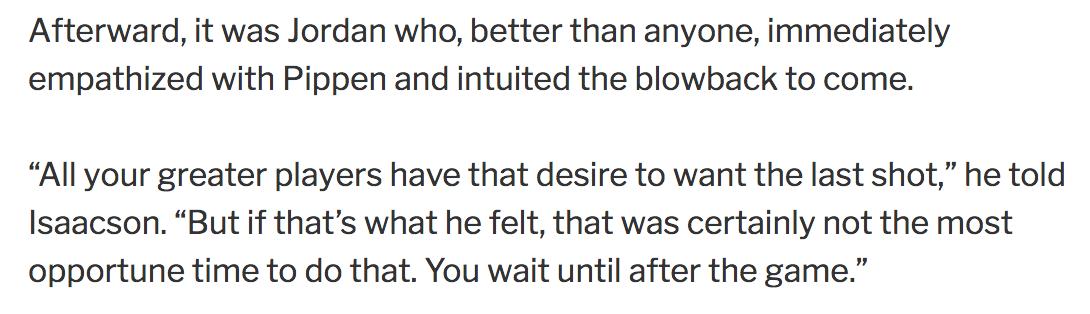 Second, the 1.8 seconds was a sign for the need that Jordan and Pippen had for each other. Pippen saw that being the man was harder than Jordan made it look. Jordan saw an itch to scratch — a return to the Bulls to set things right.This was the genesis for the 2nd three-peat.