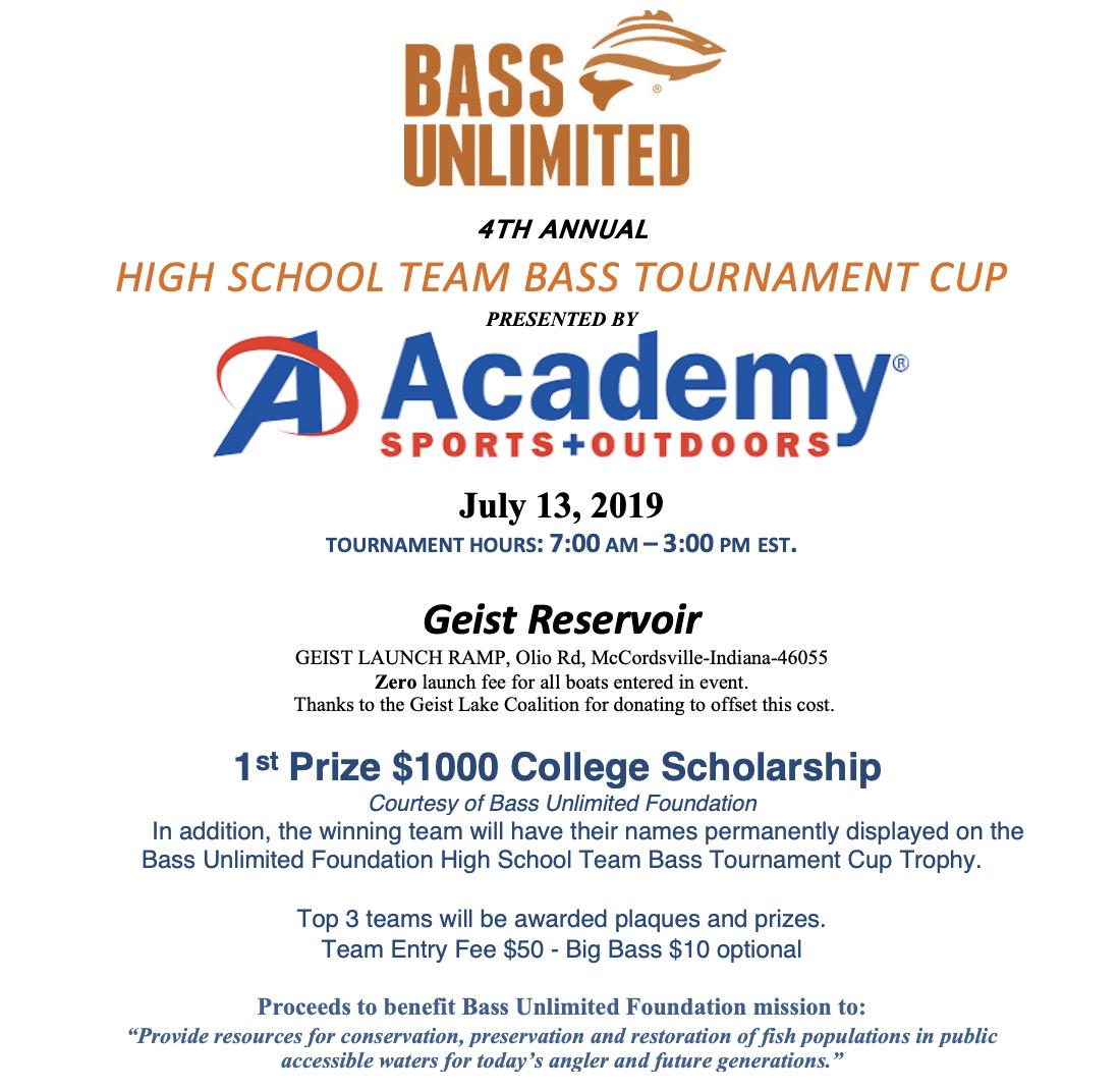 Bass_Unlimited's tweet photo. Bass Unlimited Foundation is pleased to announce the 4th Annual BUF High School Tournament Cup Presented by Academy Sports+Outdoors. This year's event with be a 5 fish limited held on Geist Reservoir. See Flyer &amp; Rules for complete details! Click Here  
https://t.co/jQ8D1H78tV https://t.co/tjalQQhgWy