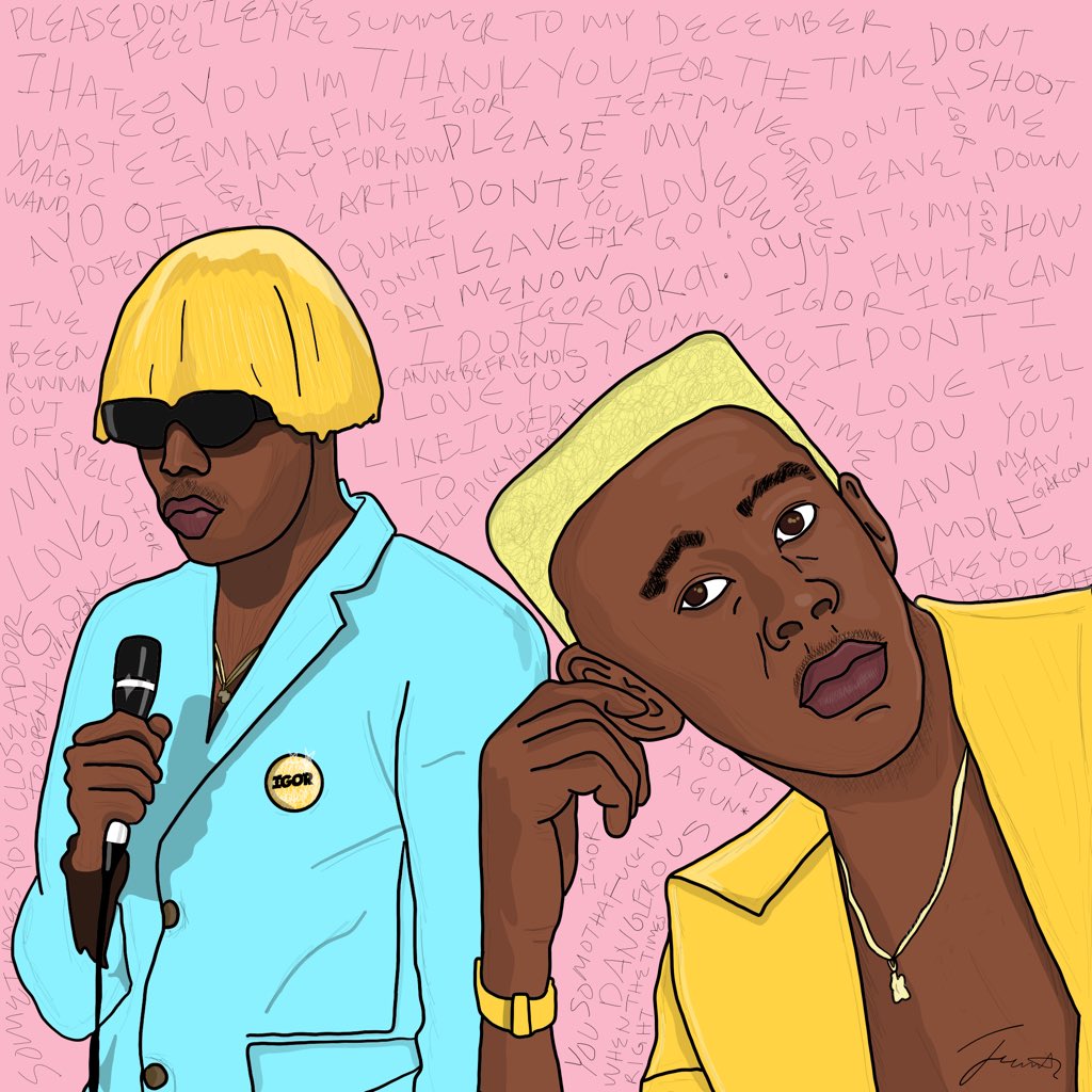 JeremyOlu's tweet photo. @tylerthecreator Hey Tyler, Drew this while listening to the album. I wrote my fav lyrics from the album in the background. Hope u see this :) @tylerthecreator https://t.co/ZU6WXWDeHC