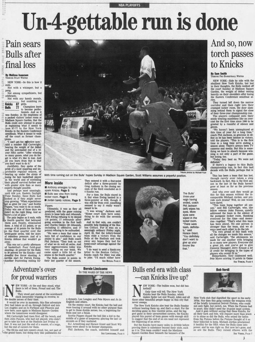 As it stands, the Game 6 win made the 1994 Bulls the closest team since Russell’s Celtics to reach a 4-peat. They lost in Game 7 and, obviously, came eight wins short. But they got farther than the ‘99 Bulls (clearly) and the ‘03 Lakers.And they gave us a helluva ride.