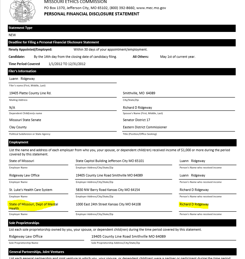 jhwkcmo's tweet photo. @MattFlenerKMBC this boring rainy Saturday got me looking at personal financial disclosure statements. Did then State Senator #luannRidgeway use her office to get her husband a state job? @claycountymo #CleanupClayCounty #AuditClayCounty https://t.co/nYu2FQxYhq