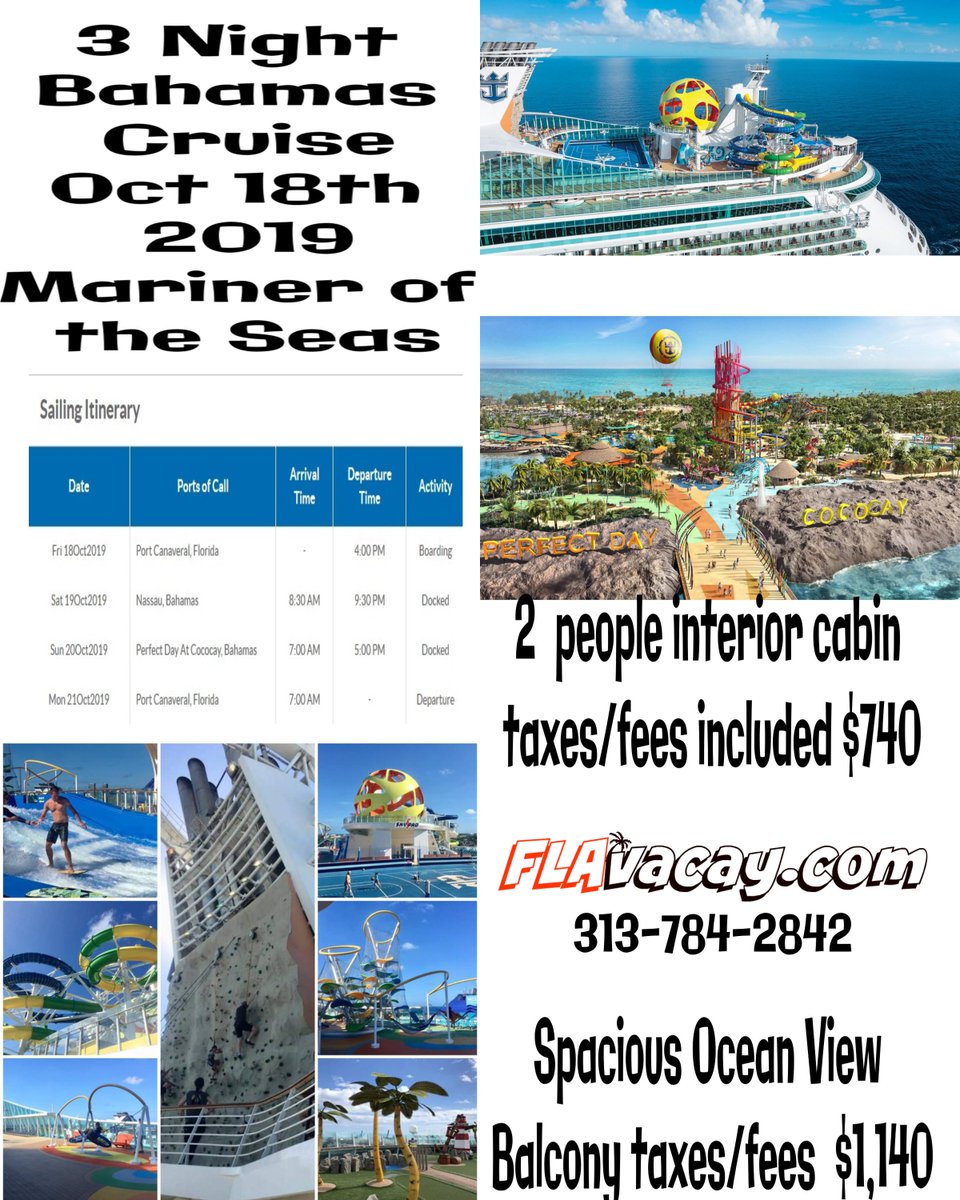 FLAvacay's tweet photo. #cococay #cruise #cruisedeal #cheapcruise #caribbeancruise  PPL ONE INTERIOR CABIN (all taxes fees included) $740
 2 PPL SPACIOUS OCEAN VIEW BALCONY (all taxes, fees included) $1,140
 Again, this is for two people for one cabin. 
 This is NOT PER PERSON. 
 #2people https://t.co/JjTwqEjFH4