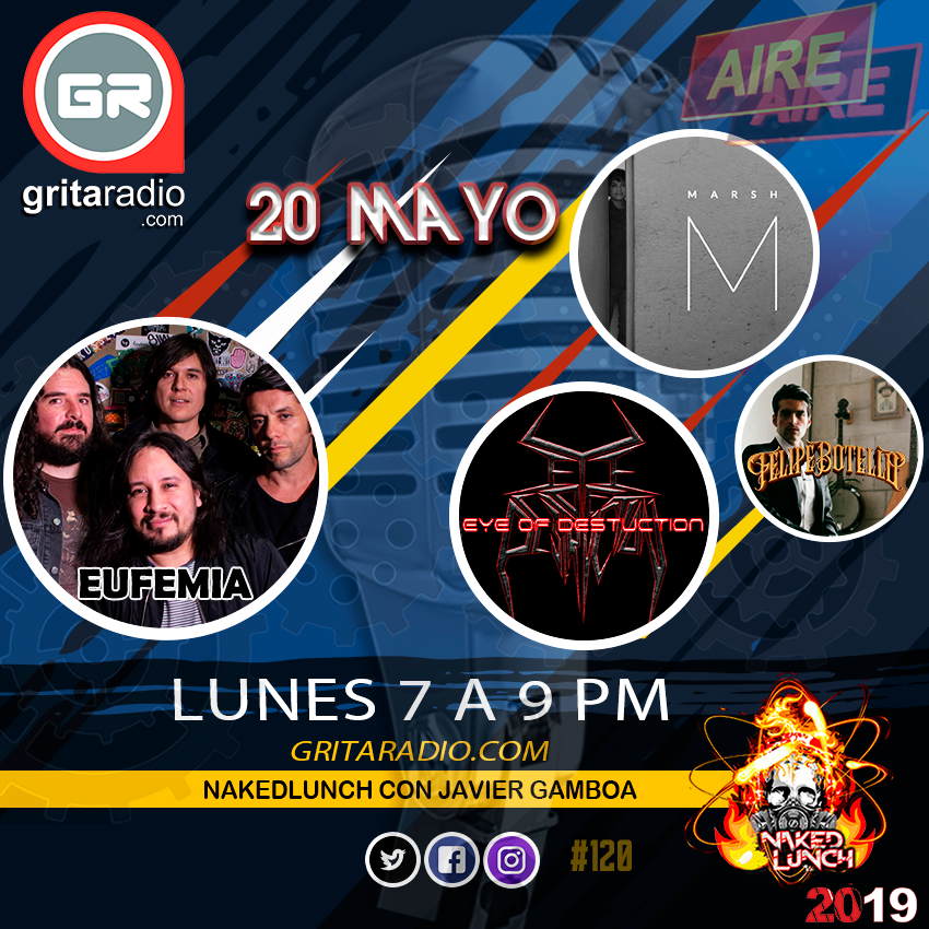 nakedlunchgr's tweet photo. Lunes20Mayo #eyeofdestruction #noticias #saderecords #7pm @MarshMusica @jokermusicmx #730pm @felipebotellomx #ElSonoroRugir nuevo sencillo #ValióLaPenaNace #8pm @eufemicos estrena #EstoNoEsParaMí, primer sencillo después de 7 años! no te lo pierdas por @GritaRadioMusic #7a9pm https://t.co/kFNSKFSXfn