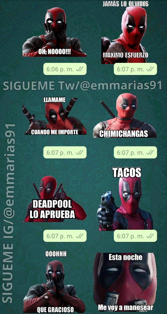 Los 🔥STICKERS DE DEADPOOL🔥 fueron los ganadores de la encuesta y aquí están para formar parte de sus chats en Whats.📱📲

Solo denle, RT y FAV, así de sencillo super fácil 🙌😌 con gusto se los estaré compartiendo. ✌️
#Deadpool #Stickers #stickerswhatsapp #FelizSabado