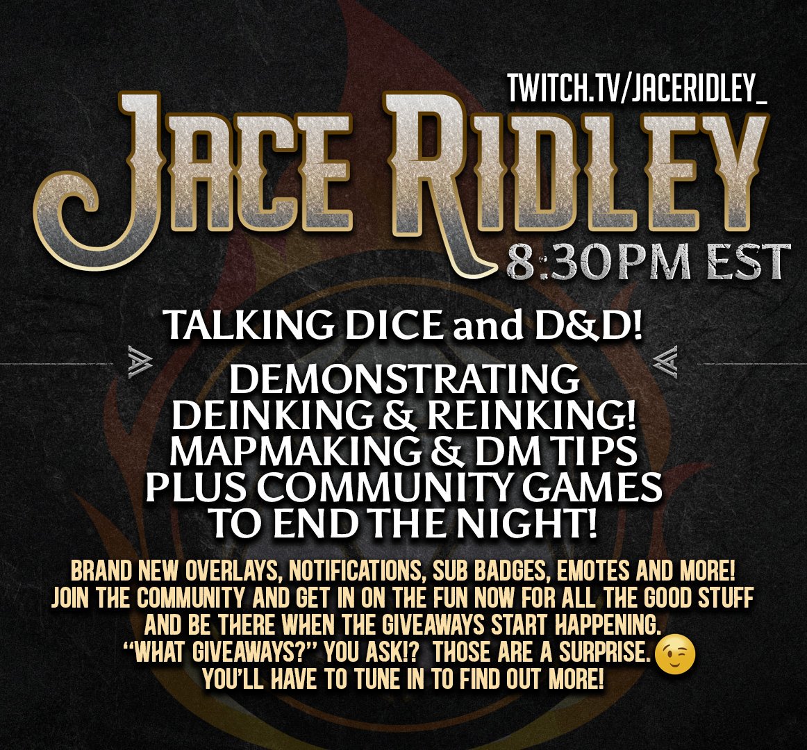 JaceRidley's tweet photo. Finishing the contest winner giveaway dice, working on some other reinks, then switching over to some mapmaking & community games. Join me!
https://t.co/F6PNHEG7sL
#DnD #dnd5e #dice #dungeonsanddragons #DnDLive2019 #ttrpg #reinking #dming #DungeonMaster #streaming #twitch https://t.co/Tl4RnK98Yz