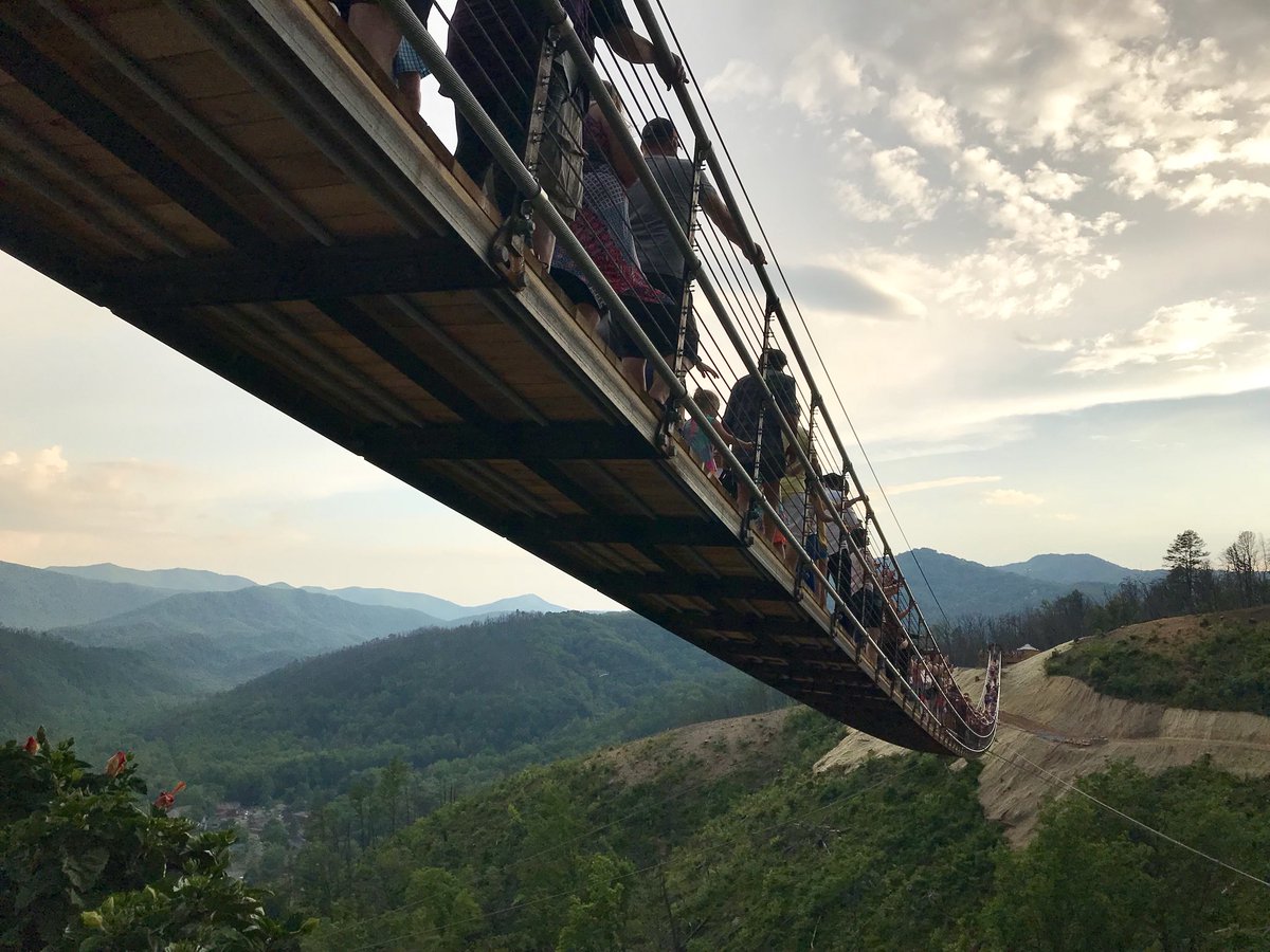 AmeDyckman's tweet photo. GOTTA tell y’all HOW MUCH FUN I had at @knoxreads’ Children’s Festival of Reading today (#CFOF = ⭐️AWESOME⭐️!) but right now I’m on this crazy 680 ft. #Skybridge in Gatlinburg (Disneyland & Vegas had a baby!) 140 ft. above a ravine. On a GLASS PANEL. Tryin’ not to drop my 📞! https://t.co/NY7EA25mEN