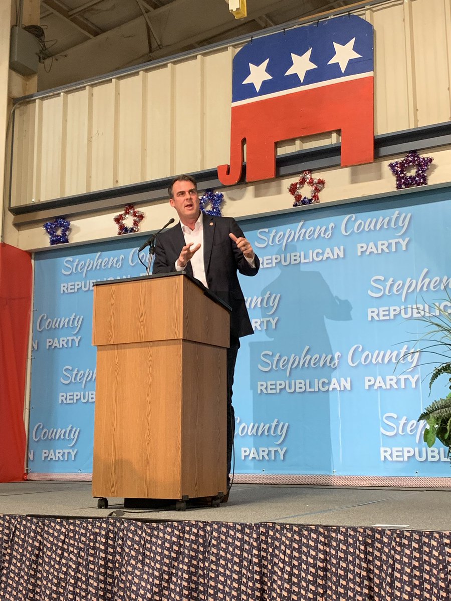 GovStitt's tweet photo. A year ago at the Stephens County GOP Fish Fry & GOP #okgov debate, I promised to come back if I won. What an honor to be here with you again, discussing how we are working together to move our state forward. #OKTurnaround #OklaProud https://t.co/atnHvaEDh3