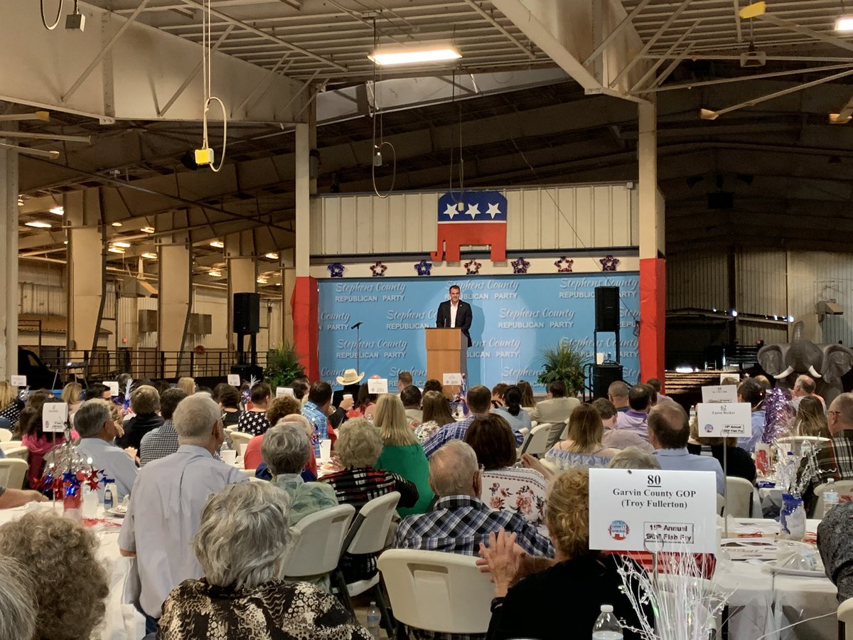 GovStitt's tweet photo. A year ago at the Stephens County GOP Fish Fry & GOP #okgov debate, I promised to come back if I won. What an honor to be here with you again, discussing how we are working together to move our state forward. #OKTurnaround #OklaProud https://t.co/atnHvaEDh3