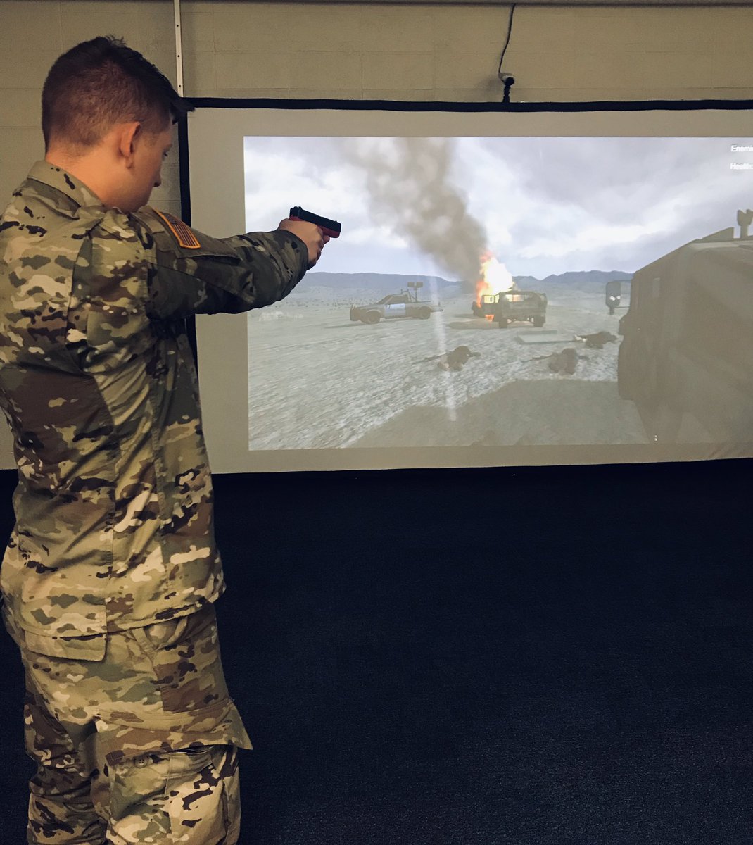 UCMFMB's tweet photo. Cadet Hawkins and Noyes received additional   training for CST. They had the opportunity to review land navigation skills, how to write and deliver an operations order, and picture below got to utilize an EST simulator ( engagement skills trainer) to practice basic marksmanship https://t.co/Ai4byS09MA