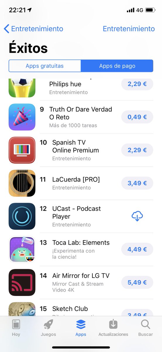 Repuntamos al puesto 12 en Entretenimiento, categoría muy competido dicho sea de paso. Aprovechad que estamos a 2,29€ y ayudadnos a llegar a lo más alto UCast - Podcast Player de Juanjo Guevara itunes.apple.com/es/app/ucast-p…
