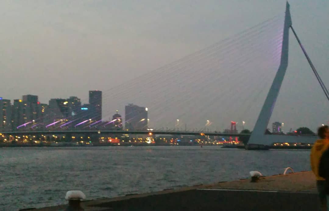 CrohnColitisNL's tweet photo. Nog niet helemaal donker, maar toch al goed te zien: de #Erasmusbrug in Rotterdam kleurt paars voor Wereld IBD dag! #IBDlevenskunst #wereldIBDdag #paars #ibd https://t.co/R4Cj4V10cs