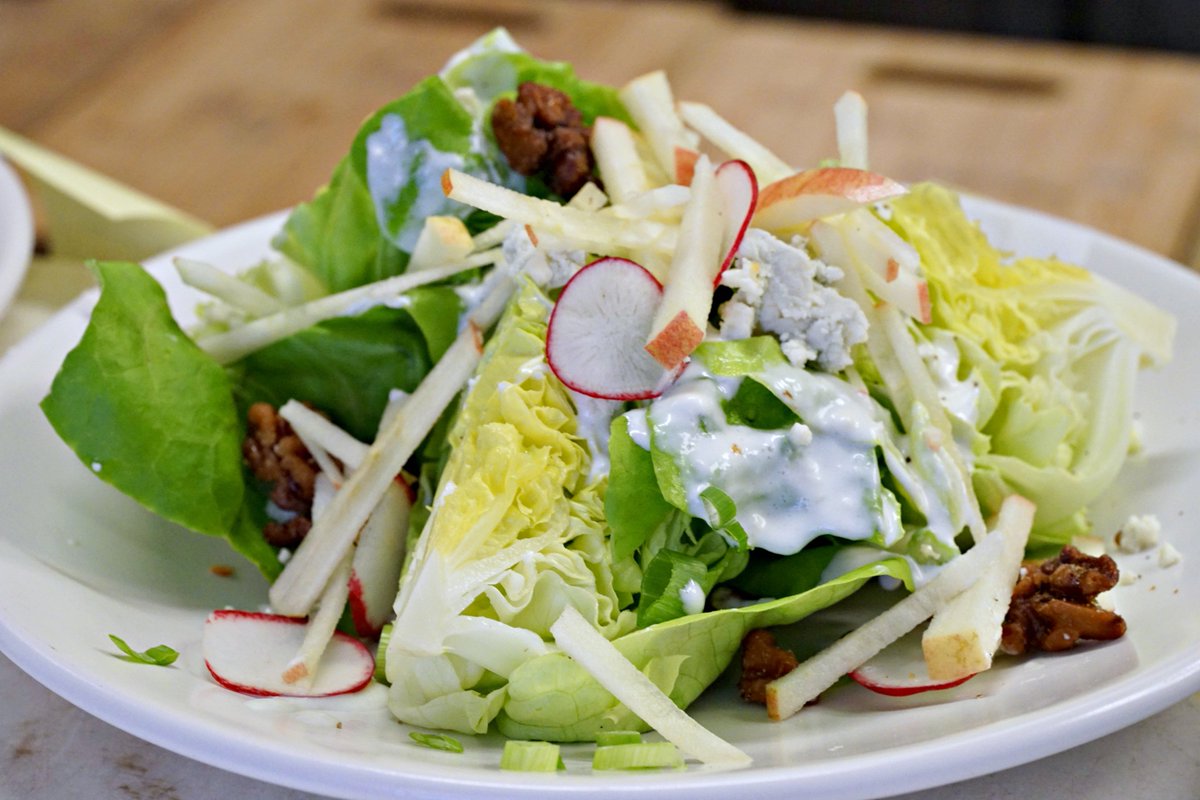 townhallBBQ's tweet photo. Butter Lettuce Salad with Fuji apples, radishes, candied walnuts, and Pt. Reyes blue cheese dressing. https://t.co/vtSMbdXAq7