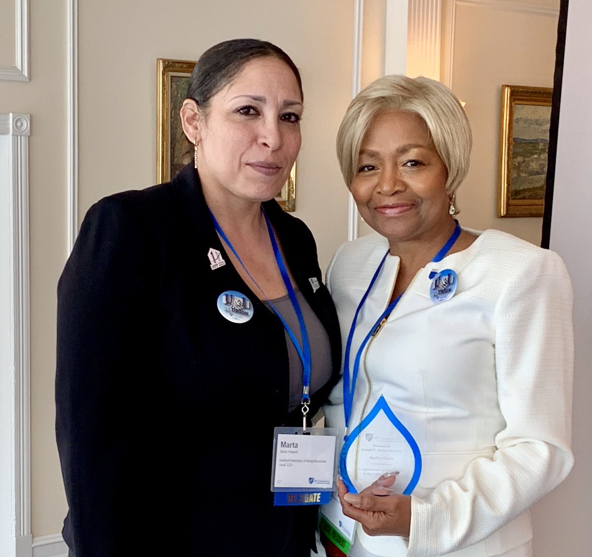 AFT Connecticut (@aftct) on Twitter photo #Htfd #paraprofessionals #union member <a href="/shoshanna69/">Marta Shepard</a> presents '19 Soifer award to <a href="/ShellyeDavis/">Shellye Davis</a> at #AFTCT19 in recognition of labor leadership in <a href="/AFTUnion/">AFT</a>, <a href="/ConnAFLCIO/">Connecticut AFL-CIO</a>, <a href="/HartfordLabor/">Hartford Labor</a> & community involvement in <a href="/unitedwayinc/">United Way of Central and Northeastern Connecticut</a>, <a href="/NAACPCT/">NAACP CT</a>, <a href="/sbc350web/">Shiloh BC Hartford</a>. #StillGrowing #Htfd #paraprofessionals #union member <a href="/shoshanna69/">Marta Shepard</a> presents '19 Soifer award to <a href="/ShellyeDavis/">Shellye Davis</a> at #AFTCT19 in recognition of labor leadership in <a href="/AFTUnion/">AFT</a>, <a href="/ConnAFLCIO/">Connecticut AFL-CIO</a>, <a href="/HartfordLabor/">Hartford Labor</a> & community involvement in <a href="/unitedwayinc/">United Way of Central and Northeastern Connecticut</a>, <a href="/NAACPCT/">NAACP CT</a>, <a href="/sbc350web/">Shiloh BC Hartford</a>. #StillGrowing