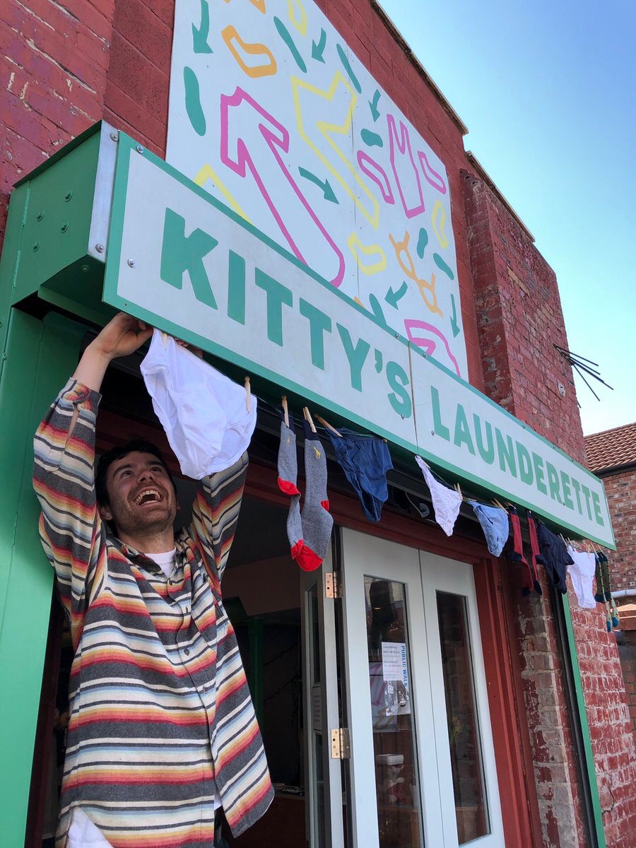 A lovely evening at the opening night @kittyslaundry. Lots of friends & great conversations. Delighted to see @PelotonLiv delivering contract laundry by bike, the @GranbyWorkshop tiles in the floor & a @HomebakedA buffet. #doingbusinessdifferently