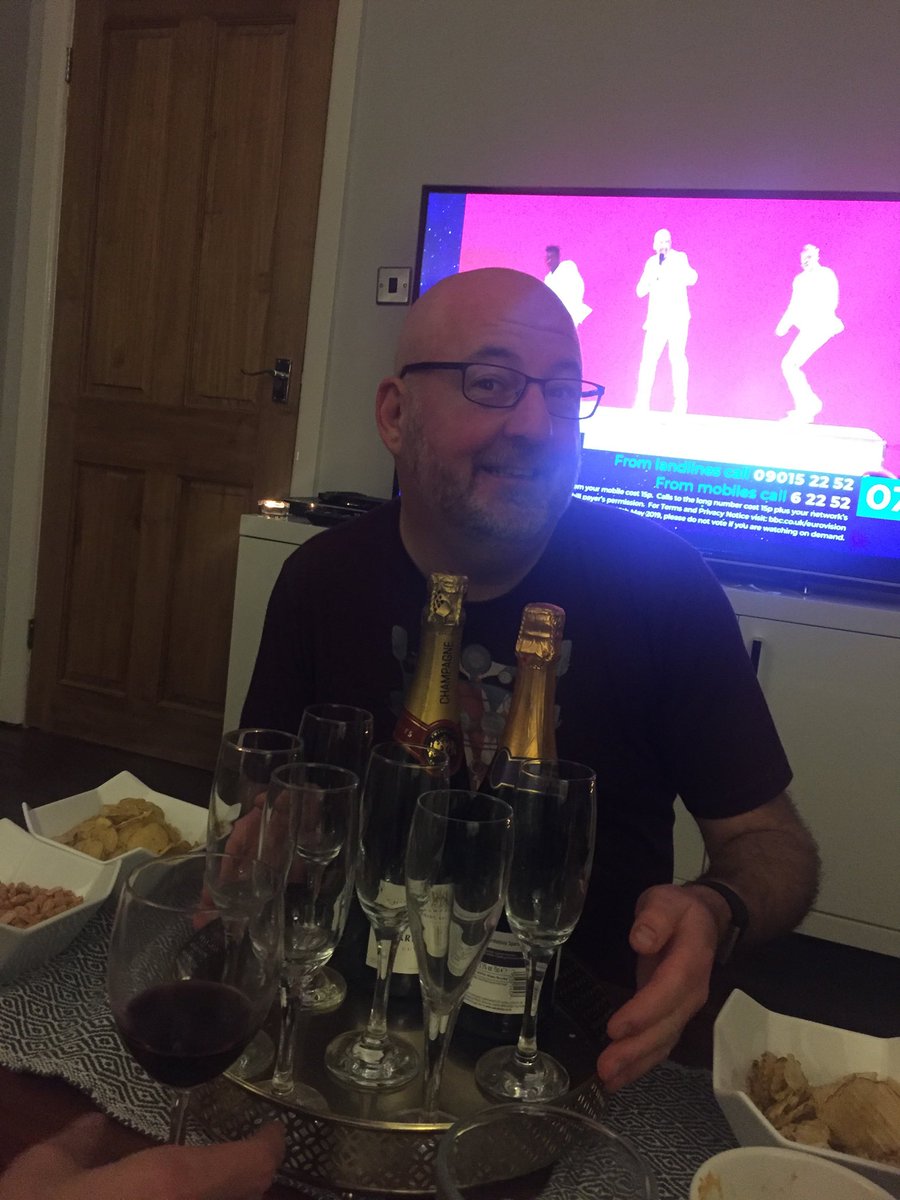 heather_nott's tweet photo. Eurovision tradition since forever; round @ProfCoulson for the party of parties - champers to see you thru to the scoring. #legendhost https://t.co/kGGQXZ1Ey8