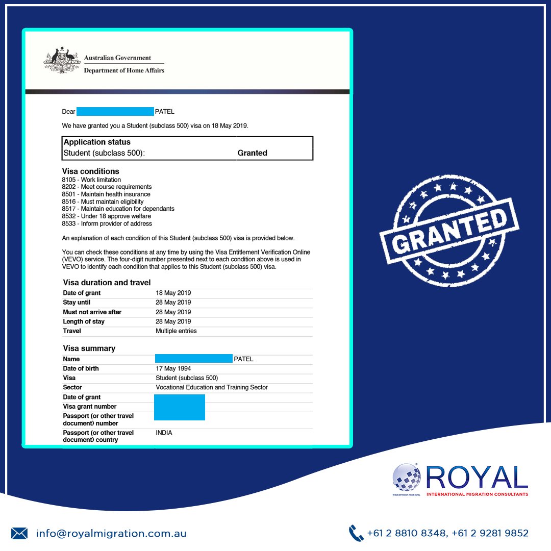 RoyalMigration1's tweet image. We Congratulate Mr Patel for Getting Student (Subclass 500) Visa Grant with Royal Migration.

Apply for your Student Visa with us for quick and responsive support!

Call: +61 2 9281 9852, +61 2 8810 8348
Email: info@royalmigration.com.au 

#StudentVisa #Australia #RoyalMigration
