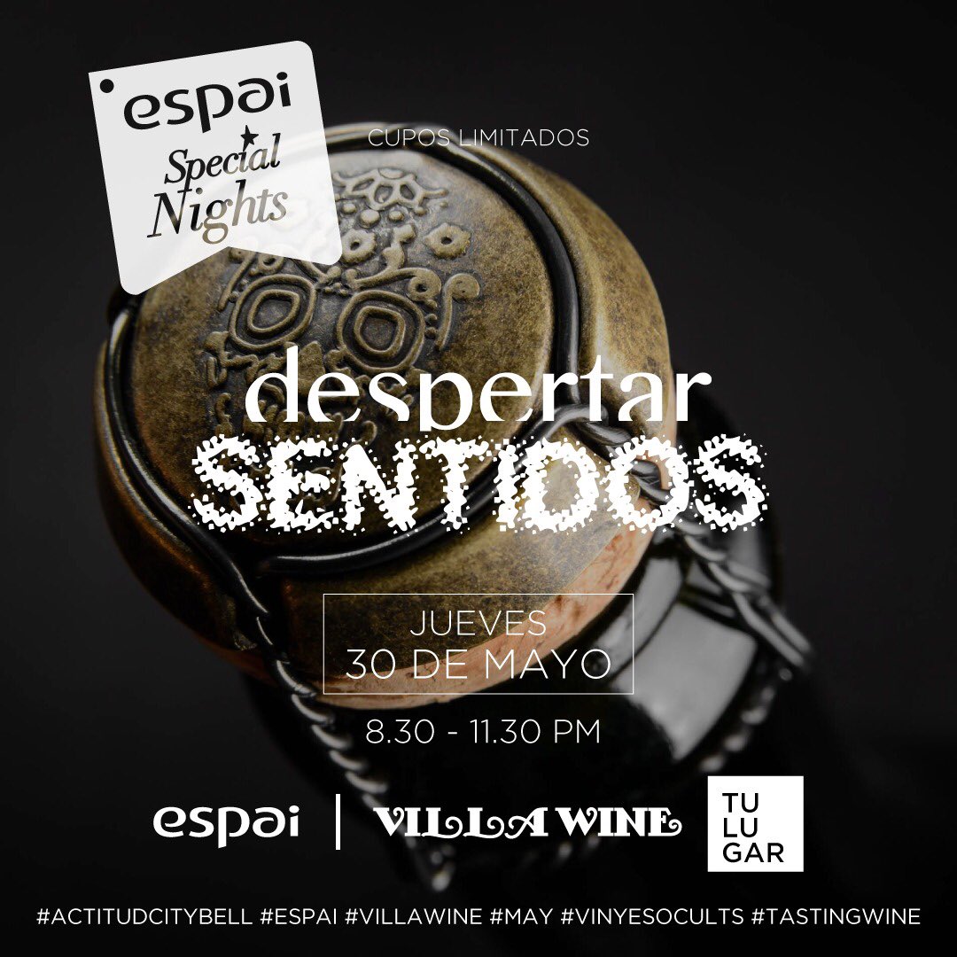 VIVÍ UNA NOCHE ÚNICA 🍷🍷
#DespertarSentidos ☠️ 

Jueves 30 de Mayo 20:30 hs.

➡️DONDE?
Espai Camino Gral. Belgrano y 482 City Bell
➡️VALOR? 
$1200
➡️QUE INCLUYE? 
MENÚ completo más 1 vino <a href="/vinyesocults/">Vinyes Ocults</a>  Blend de regalo 
➡️Tarjetas despertarsentidos.eventbrite.com.ar
➡️  CUPOS LIMITADOS 👫👫