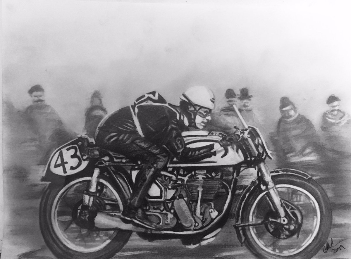 jon_the_viking_'s tweet photo. Pencil drawing of Geoff Duke on his ‘59 manx norton #pencilart #Pencildrawing #geoffduke #IOMTT #manxnorton https://t.co/JjXPGVg96k