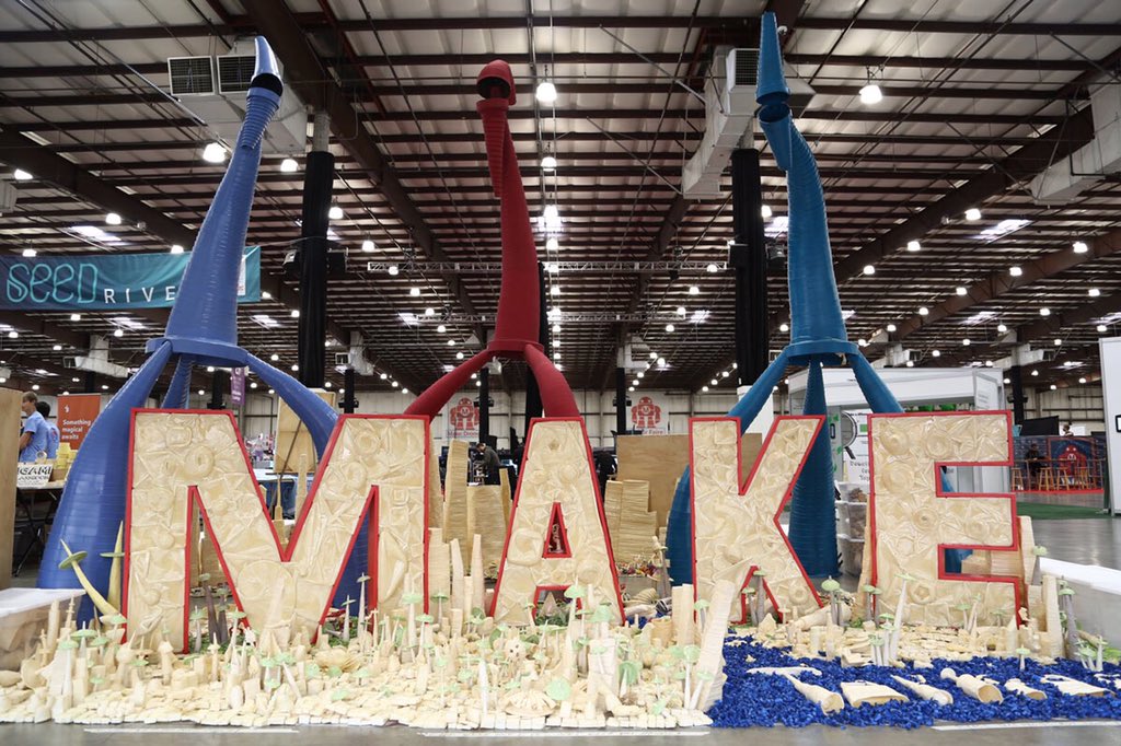 makerfaire's tweet photo. What can you make with masking tape? @tapigami makes the side entrance of Expo Hall super welcoming at #mfba19! #makermovement #makerfaire #maskingtape https://t.co/xbB0vgS0as