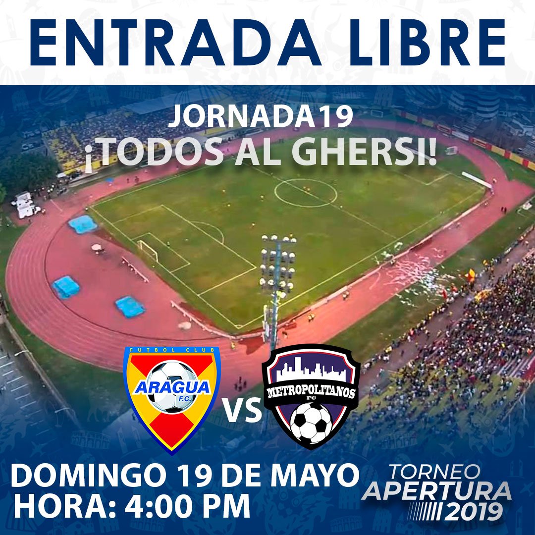 AraguaFC's tweet photo. #NuestroClub | ¡ENTRADA LIBRE!

Este domingo 19/05, el ingreso a las instalaciones del Hermanos Ghersi Páez será totalmente gratuito.

⚽Jornada 19
🆚@Metropolitanos_
🕒4:00 PM

¡Todos al Ghersi! ¡Vamos por la clasificación! 🎉 #SomosAragua #LigaFUTVE https://t.co/PAnOGXIhUs