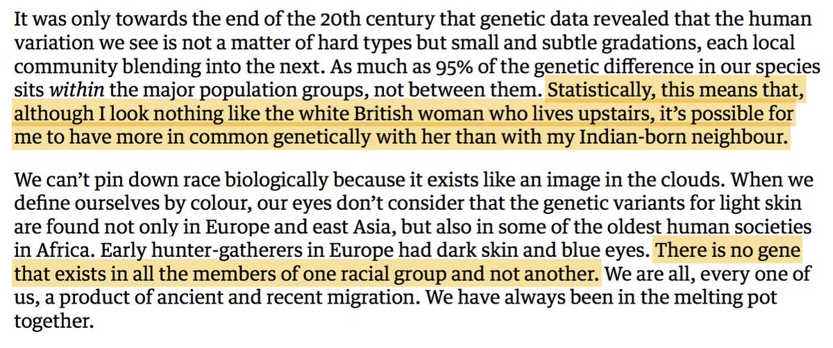 While technically true, this fact says almost nothing about the relatedness of any two individuals. The author's claim that she (an Indian woman) may be more related to her white upstairs neighbor than to another Indian person simply isn't true.