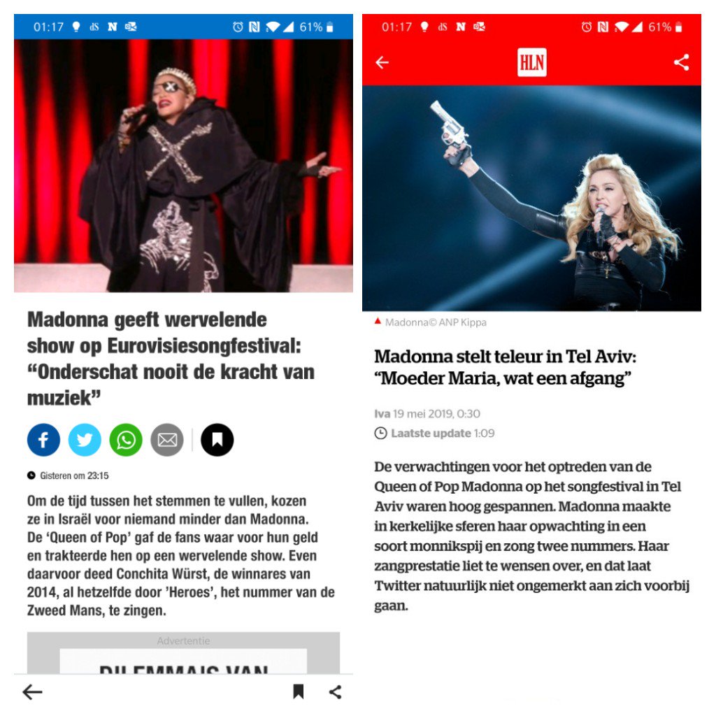 Één van de twee must be fake news 😱 Jammer genoeg heeft HLN de échte show gezien vanavond. #eurovision #Madonna