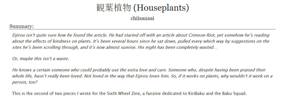 chiisana_ai's tweet photo. Aaaand here is my second piece for @SixthWheelZine! Titled Houseplants, it's 3,400 words of Kirishima loving and nurturing Bakugou like he would a houseplant.
https://t.co/ohBvJD1J5l https://t.co/suEEPYNDn2