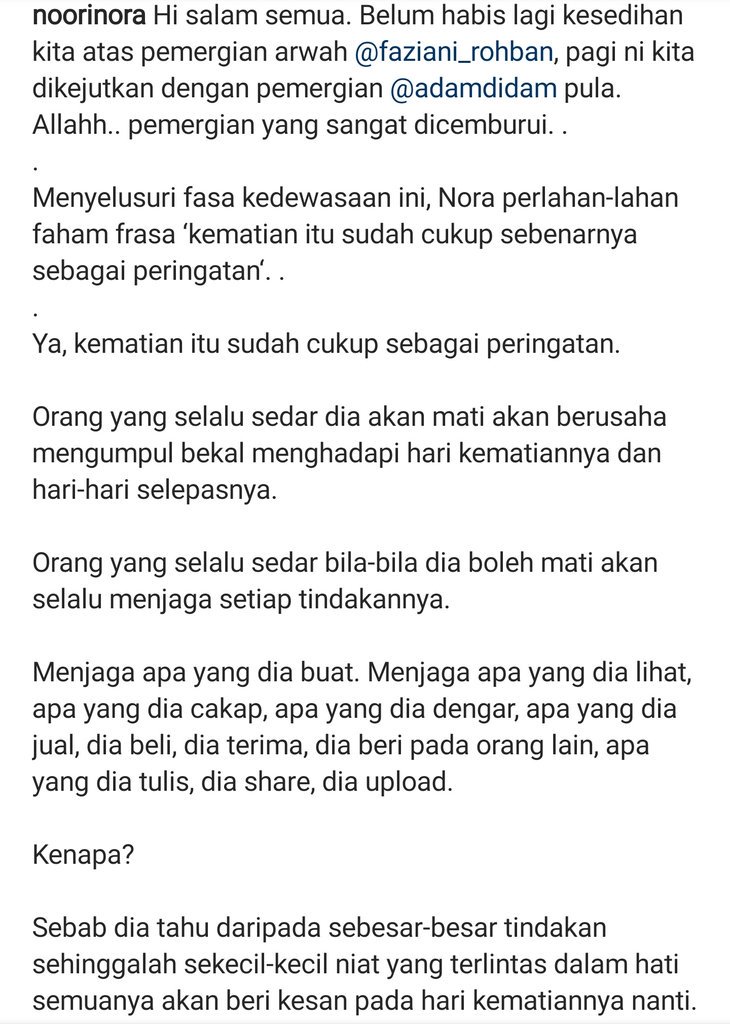 AinulNunanaa's tweet photo. "Syarat mati bukan sakit, bukan tua, bukan nyanyuk, tapi hidup... 

Ya, hidup.

Dan kita semua sedang memenuhi syarat itu."

Worth to Read. Al-Fatihah buat arwah Pn. Faziani &amp; arwah Adam💖

Crdt @/noorinora https://t.co/LPsozLot6e