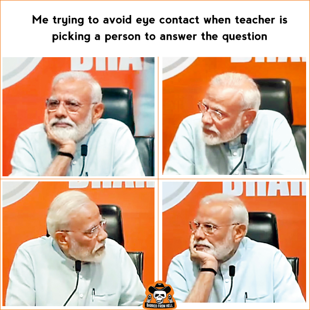 barredfromhell's tweet photo. Life tip from our Modiji: When in trouble, use this effective escape mechanism!
#narendrasinghmodi #modiji #mutemodi #questions #noanswers #publicforum #politics #indianpolitics #escapemechanism #avaoideyecontact #godse #pm #india #indian #memeindia #indiamemes #chottabeem https://t.co/e5mmlLF3cH