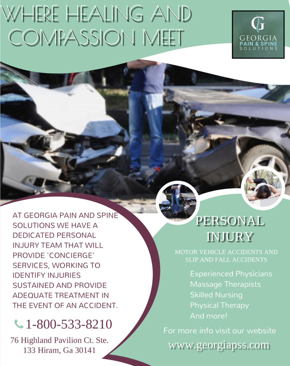 PainGeorgia's tweet photo. At Georgia Pain and Spine Solutions we work to identify personal injuries sustained and provide adequate #treatment in the event of an accident.
Contact us to find out how we can help you today! 😄😆
#localbusiness #spinesolutions #painmanagement #personalinjury #backpain https://t.co/xiitwURxIV