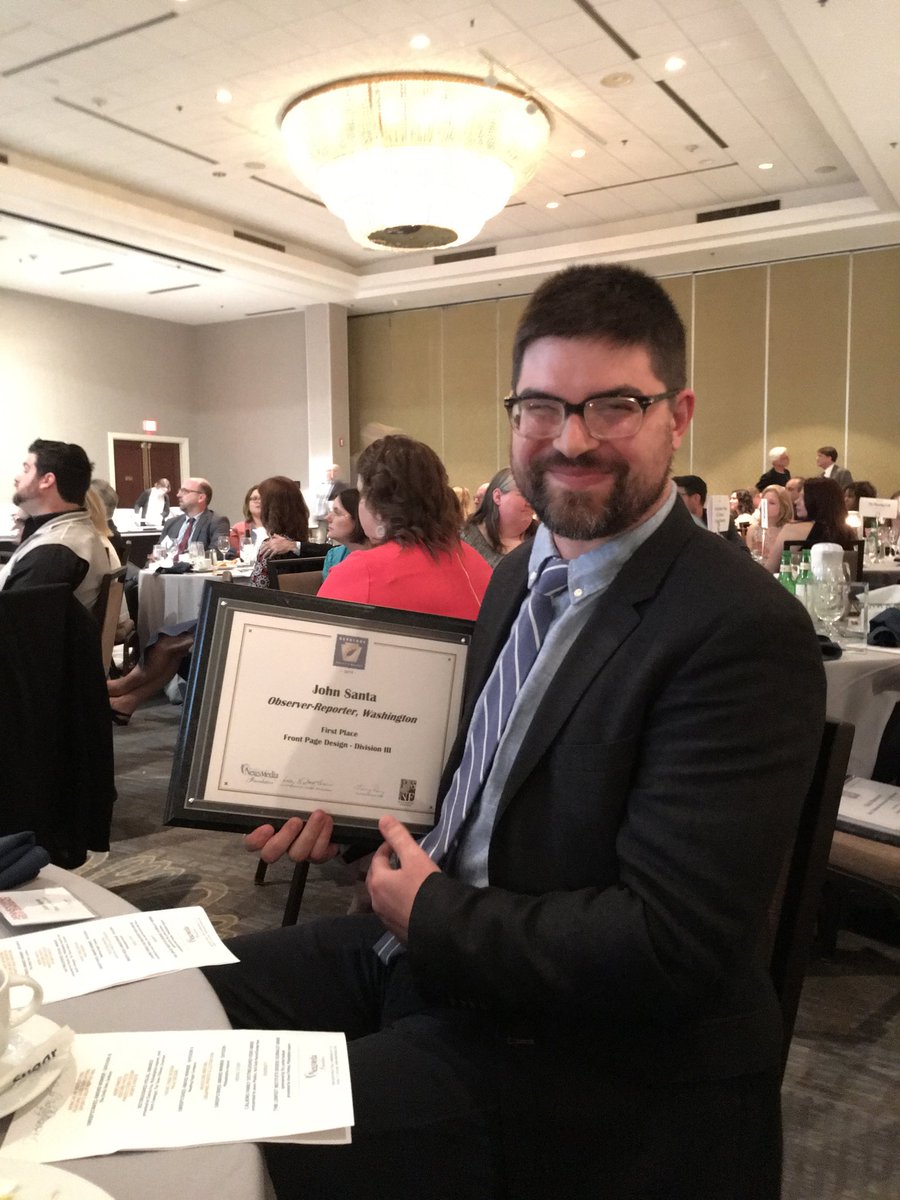 SHAlmanacSports's tweet photo. Congratulations John Santa! #ObserverReporter staffer wins first place #Keystone award for front page design! https://t.co/VaLydGkuHN