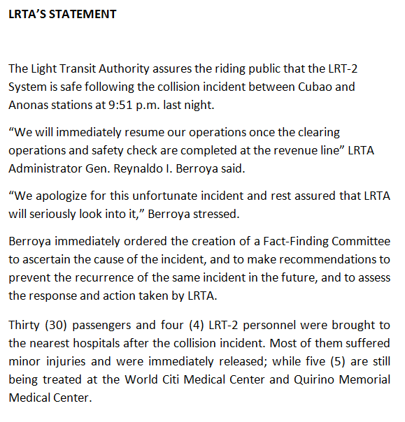 OfficialLRTA's tweet photo. READ: This is LRTA's statement following the train incident last night https://t.co/42CVoCTMng