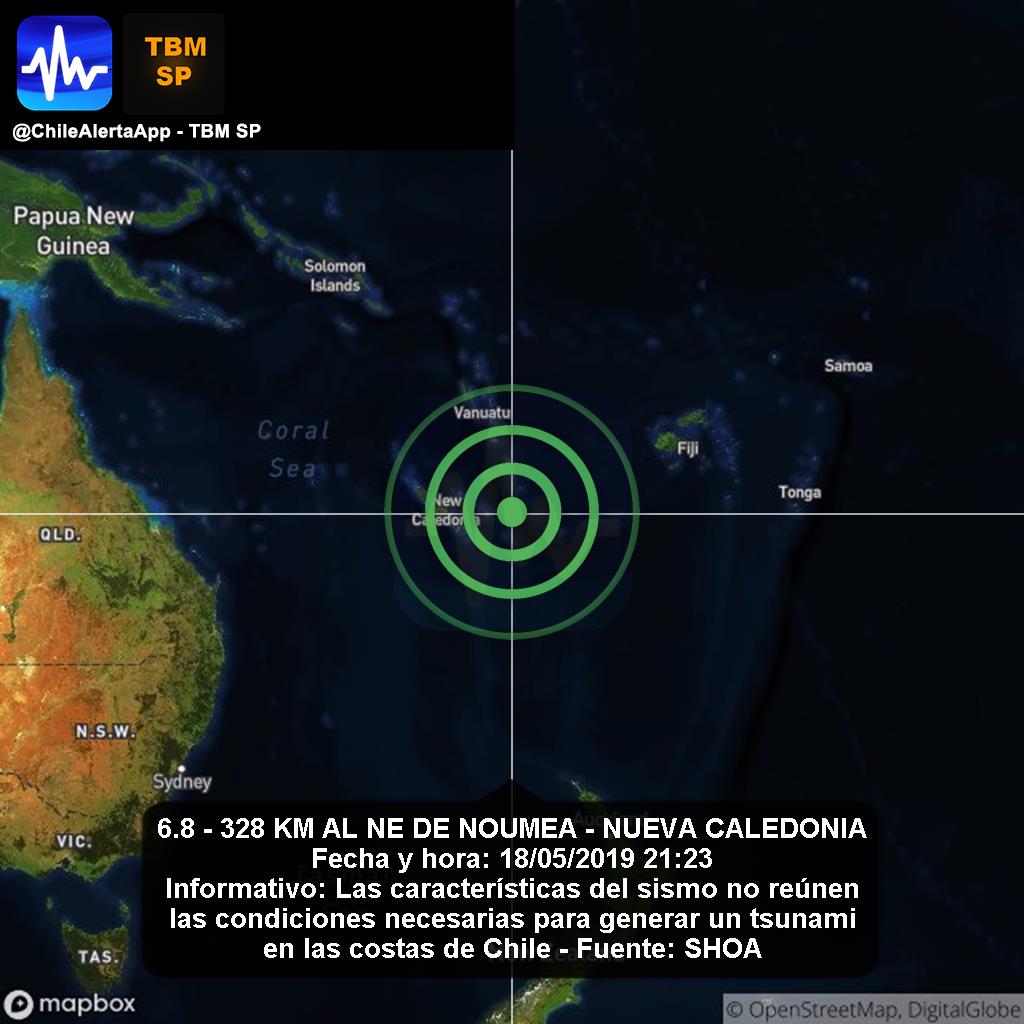 ChileAlertaApp's tweet photo. Aviso de nuevo boletín de #Tsunami. 🇨🇱🌊🌎
6.8 - 328 KM AL NE DE NOUMEA - NUEVA CALEDONIA.
18/05/2019 21:23 - Informativo.
#CALEDONIA App: https://t.co/e1jlc9uim5 #Terremoto #sismo #temblor #Earthquake #SHOA https://t.co/tPRQAaMMVA