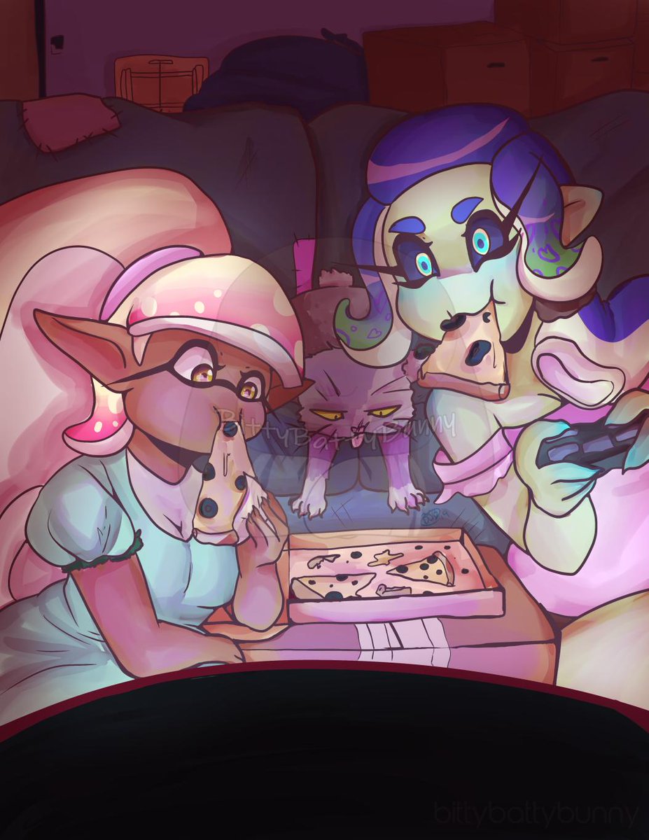 bittybattybunny's tweet photo. My piece for @alamodezine which is finally out! It's my Gal Soap the sanitized octoling and her gf Opal! (with binkleton the cat) it was a fun experience and you should check the full zine!! https://t.co/880aylYjuF